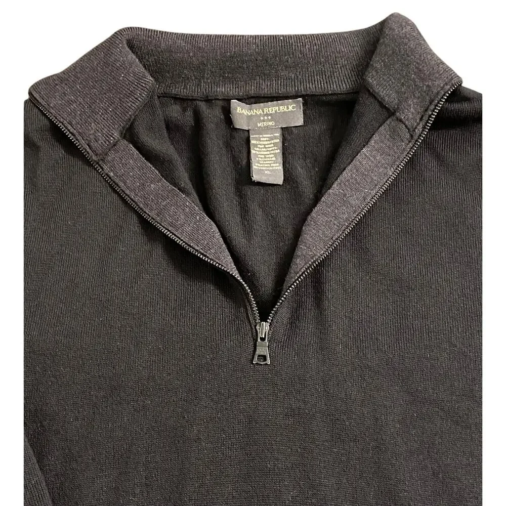 Banana Republic Men’s XL Black Merino Wool Quarter-Zip Sweater Pullover Classic